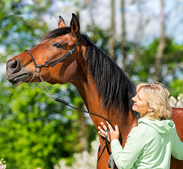 Female horse owner smiles at her horse while guiding it by the reigns