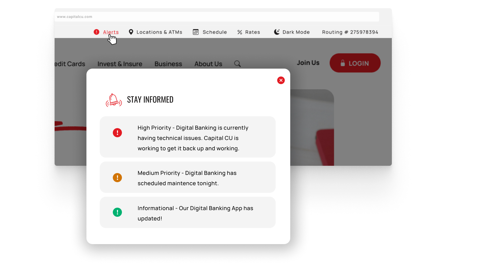 Alert header feature highlighted for a visual of how to access this space on the front end site.
