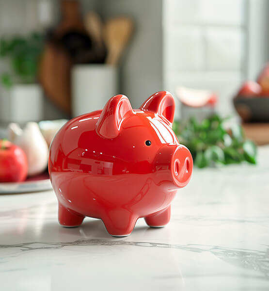 Pink piggy bank on counter.