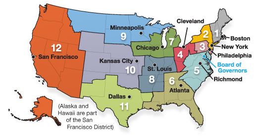 Federal Reserve Banks shown on a map.