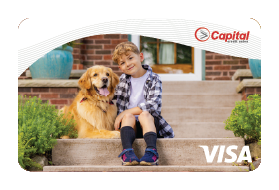 Cute boy next to golden retriever - customer debit card. 
