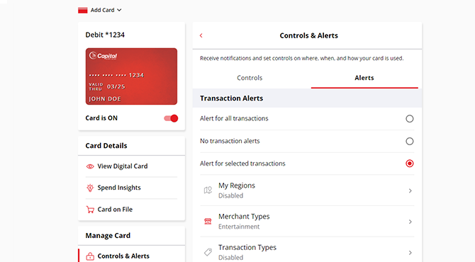 Capital, MyCards controls and alert screenshot.