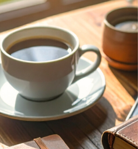Coffee cup on table.