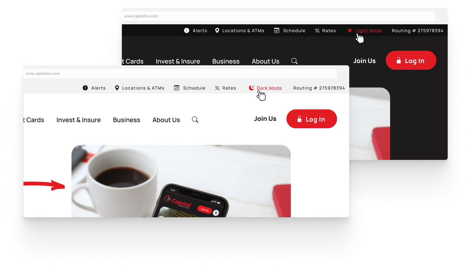 Light/Dark mode toggle in header to show how to access this space on the front end site.